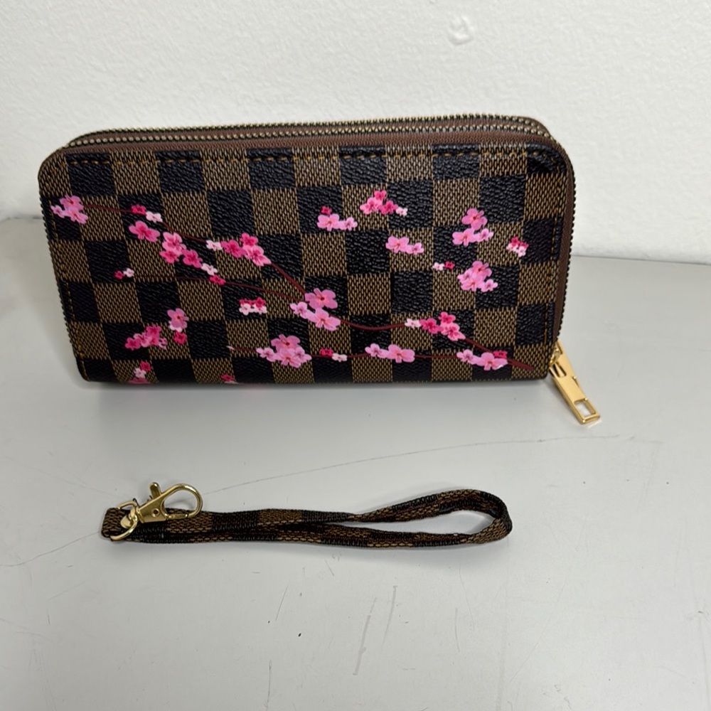 Brown and Pink Floral Wallet with Gold Zip